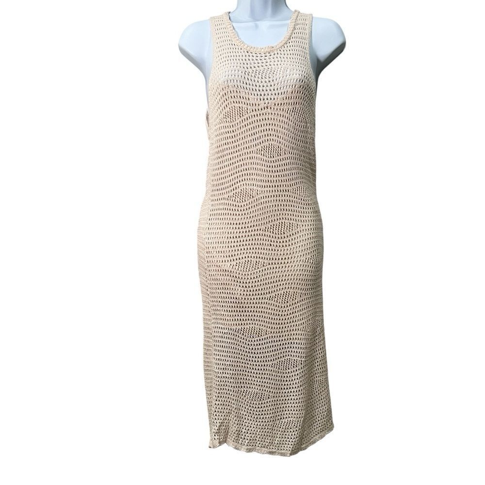 Steve Madden Open Knit Crochet Cover Up Dress Resortwear Swim Tan Beige M NEW